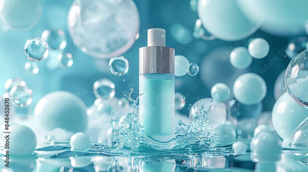Blue Bottle of Skincare Surrounded by Bubbles Blue Bottle of Skincare Surrounded by Bubbles