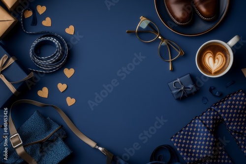 Blue background, men's accessories. Hipster, brutality, coffee. Gift ideas. Postcard.