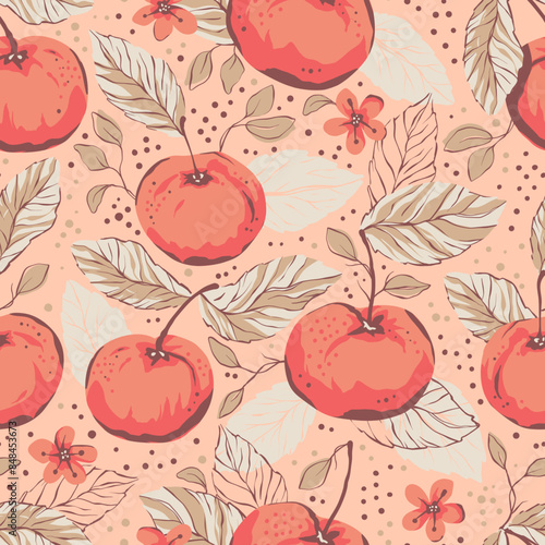 Orange seamless vector pattern with the image of summer fruit apples quince with leaves