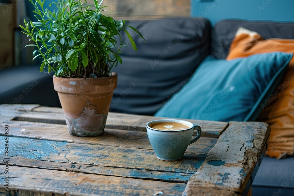 A coffee cup sits on a wooden table next to a potted plant A coffee cup sits on a wooden table next to a potted plant