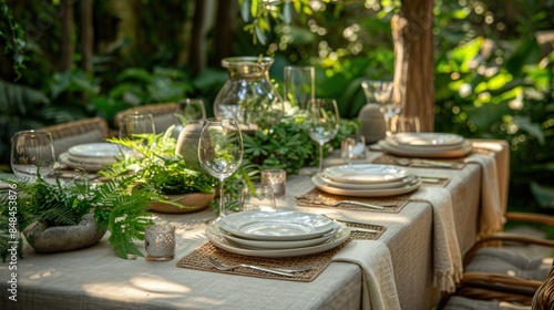 Beautifully set dining table in an outdoor garden featuring white plates, elegant glassware and lush green foliage as centerpiece decor
