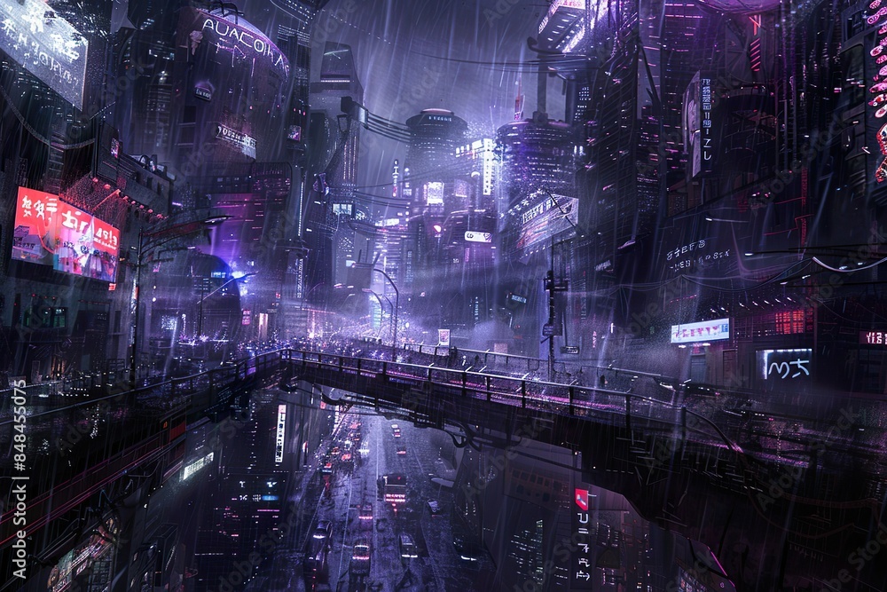 A cityscape with neon lights and rain