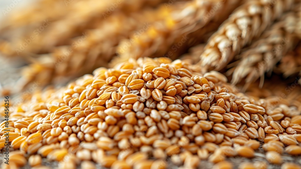 Obraz premium Macro shot of wheat grains on wooden background