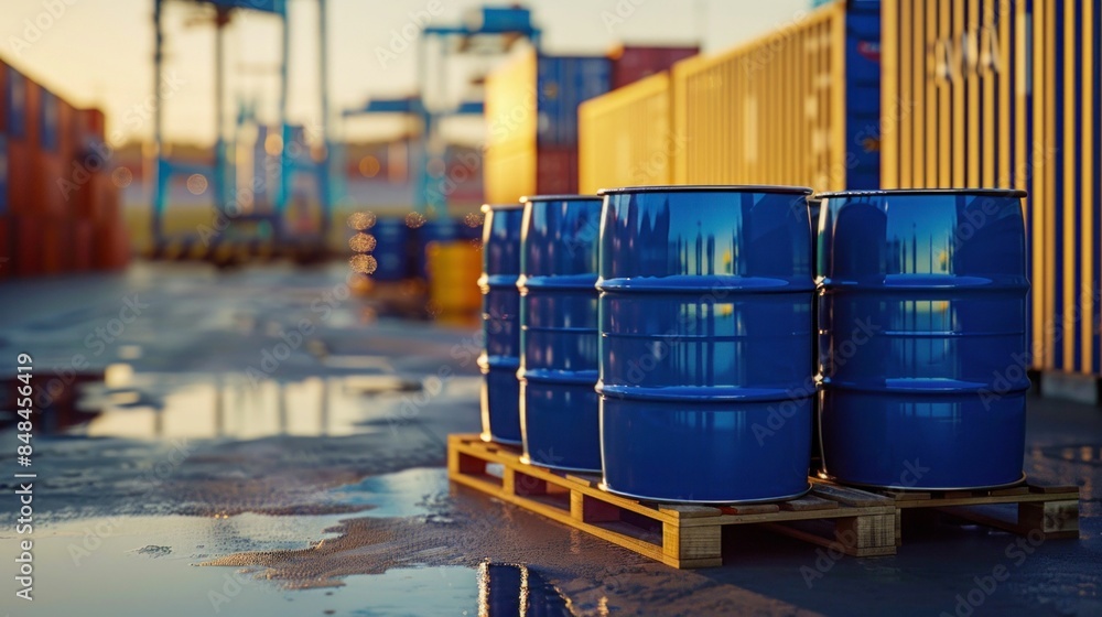 Blue Metal Barrels on a Pallet in an Industrial Yard. Generative ai. Blue Metal Barrels on a Pallet in an Industrial Yard. Generative ai.