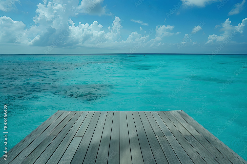 Fototapeta premium Stunning blue ocean view from a wooden pier, vacation advertising concept or website wallpaper