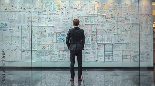 Experienced businessman in a large corporate office, standing by a white board with an elaborate business plan and strategic mind map, planning for future growth