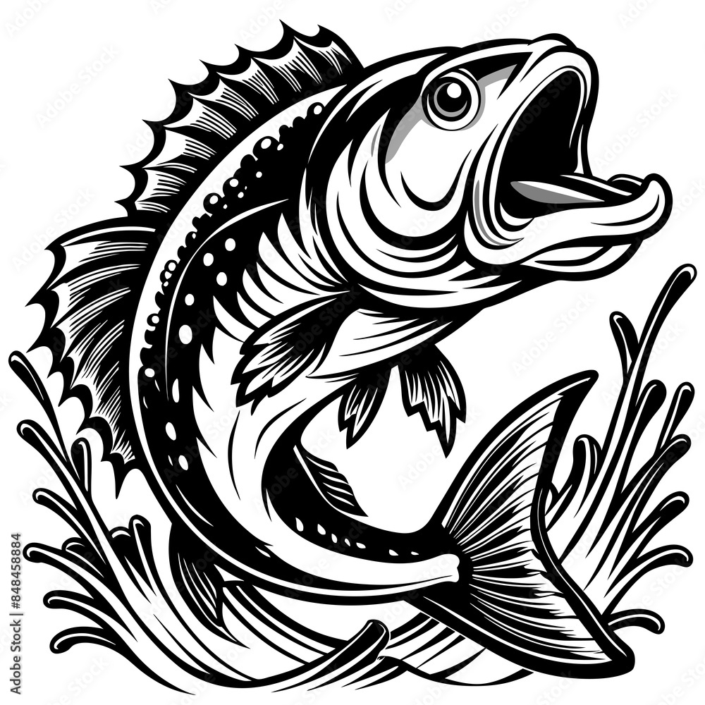 A stylized black fish is depicted mid-jump above stylized water wave A stylized black fish is depicted mid-jump above stylized water wave