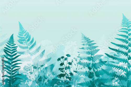Illustration with gradient background that flows from cerulean blue to pale mint, interspersed with silhouettes of ferns and wildflowers.
