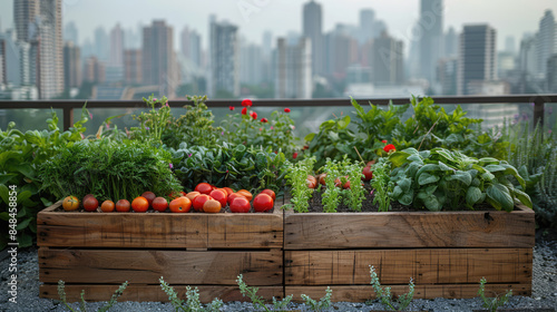 An urban rooftop garden with a variety of vegetables and herbs, showcasing urban farming and green living photo