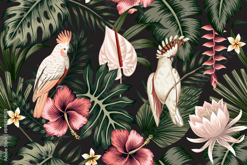 Tropical vintage palm leaves, red hibiscus flower, lotus, pink cockatoo parrot floral seamless pattern black background. Exotic jungle wallpaper
