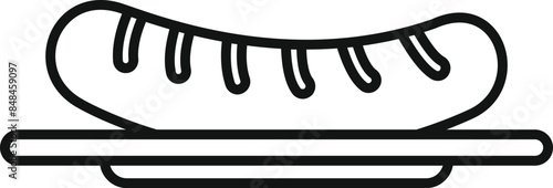 Simple black and white line drawing of a grilled sausage with grill marks on a plate