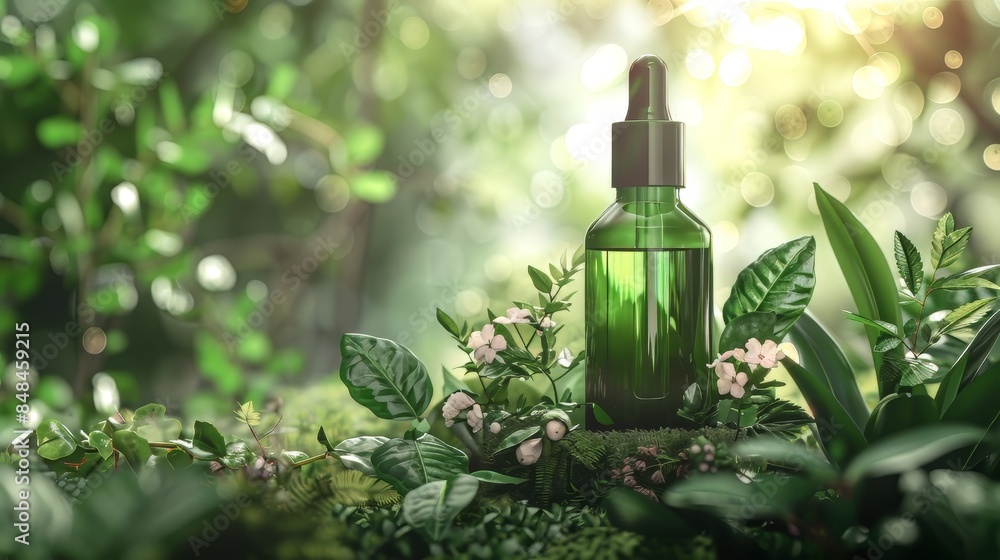 Obraz premium Green Glass Bottle in Forest Setting