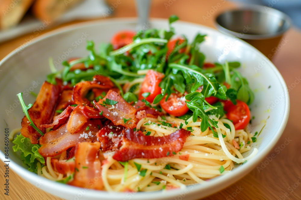 spaghetti with bacon, tomatoes and arugula in white plate spaghetti with bacon, tomatoes and arugula in white plate