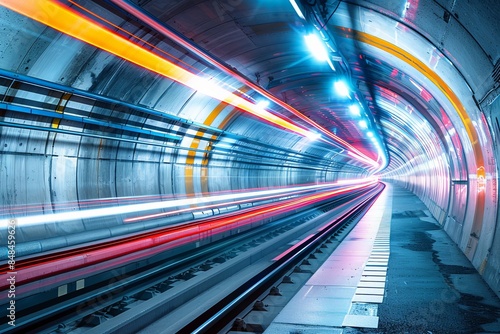 Long exposure of a brightly lit train tunnel. The lights create dynamic motion lines, emphasizing speed and modernity.