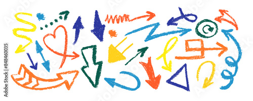 Doodle collection with colored charcoal arrows. Pencil childish drawing elements. Naive playful abstract textures in doodle grunge style. Squiggles and curved arrows. Vector crayon lines.