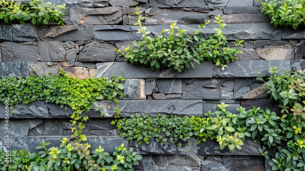 Large natural stone wall with greenery creating a natural backdrop ideal for design and texture Large natural stone wall with greenery creating a natural backdrop ideal for design and texture