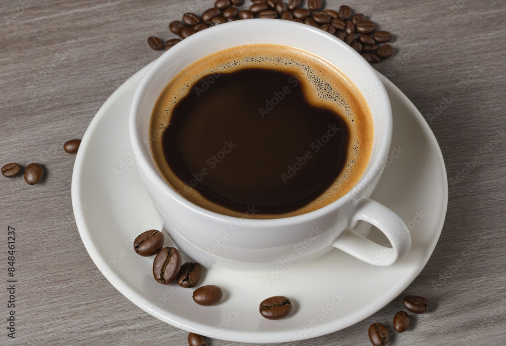 Generative AI creates enticing composition of coffee cup and beans viewed from above Generative AI creates enticing composition of coffee cup and beans viewed from above