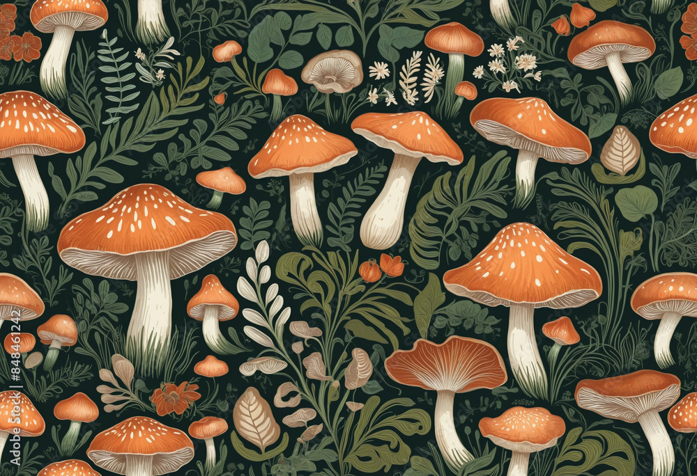 Autumn Fungal Forest Seamless Design Pattern