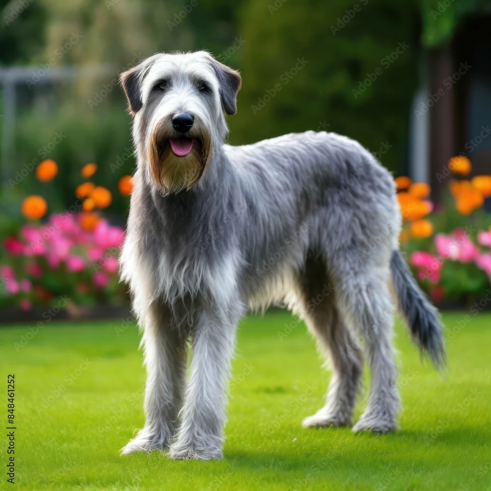 Majestic Irish Wolfhound in a Vibrant Flower Garden, AI-Generated Portrait