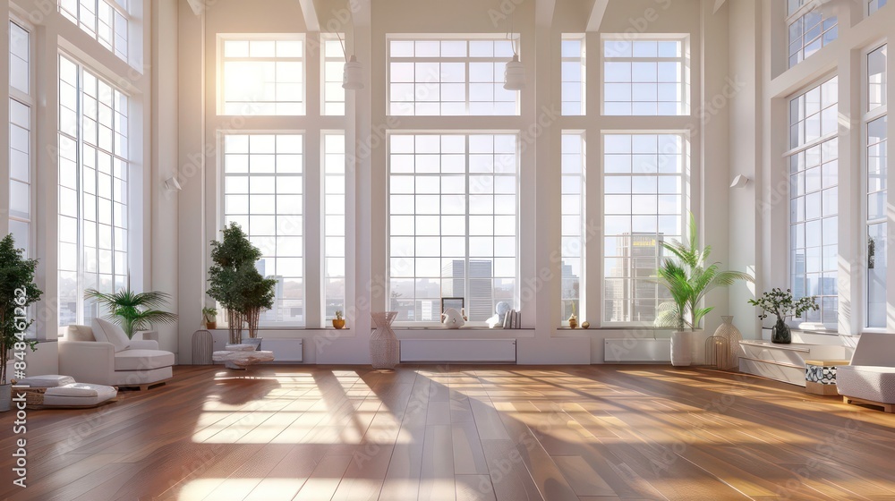 Spacious room with large white windows and wooden flooring. Generative AI Spacious room with large white windows and wooden flooring. Generative AI