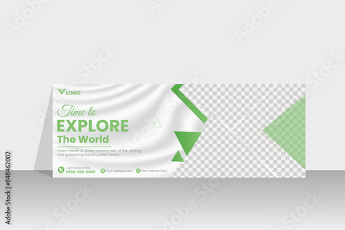 Travel facebook cover or social media web banner vector design template with  tourism, colours, cover, discount, graphic, header, image, layout, package, page, photo, place,