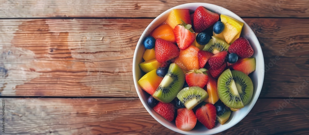 Top-down view of a bowl filled with fresh fruit salad on a wooden background, promoting a vegetarian food idea Top-down view of a bowl filled with fresh fruit salad on a wooden background, promoting a vegetarian food idea
