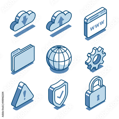 isometric vector set of linear icons cloud and internet page as well as shield and lock, in color on a white background, cloud downloading and data protection