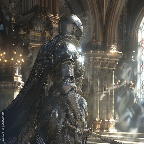 Dark knight stands in illuminated cathedral reflecting on past battles during a medieval fantasy moment