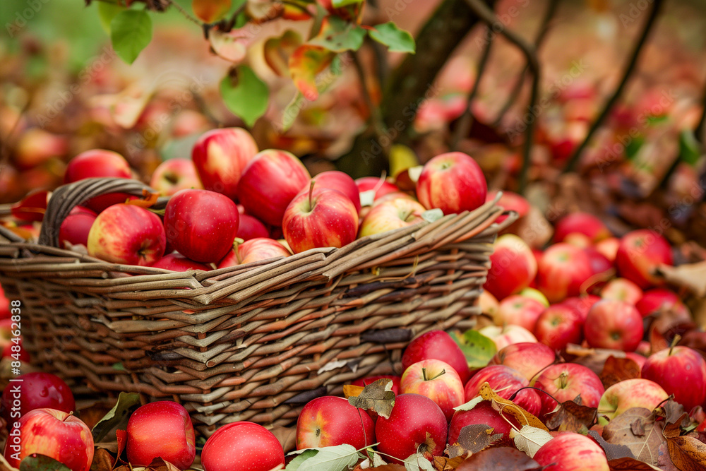 Ripe apples in a wooden box in the autumn garden Ripe apples in a wooden box in the autumn garden