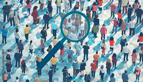 Businessman is studying a crowd of people with a magnifying glass. Hr search candidates for work, staff recruiting