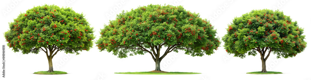 Сollection set of green trees with red berries in summer isolated on a transparent background