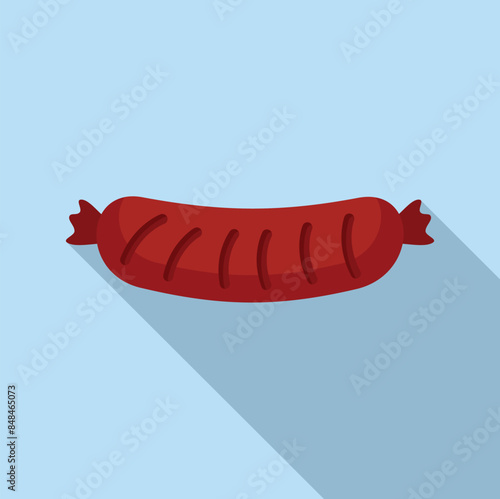 Single grilled sausage is lying on a blue background with a long shadow