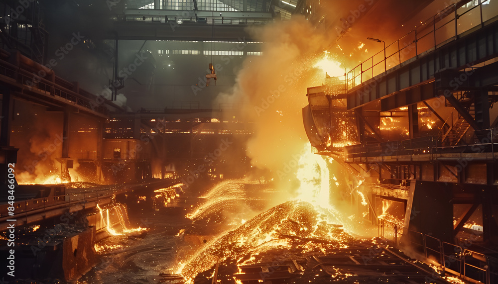 bustling steel factory where molten steel is being poured into molds, creating a mesmerizing display of flowing metal and precision work bustling steel factory where molten steel is being poured into molds, creating a mesmerizing display of flowing metal and precision work