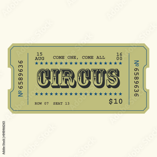 Retro circus ticket template. Admit one. Vector illustration