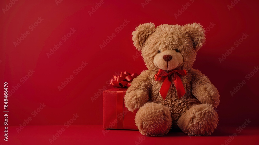Teddy bear with present box isolated on red background with copy space, for Valentine's day, Christmas present gift concept. Generative AI Teddy bear with present box isolated on red background with copy space, for Valentine's day, Christmas present gift concept. Generative AI