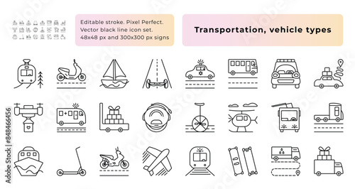Transportation black line icon set, mobile and public transport, 24 vehicle types vector signs, 48x48 px and 300x300 px pictograms, editable stroke, pixel perfect