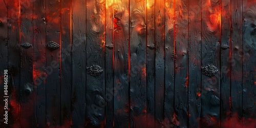 Close-up of black wooden planks with fiery red and orange lighting. Studio abstract texture photography., old wood background