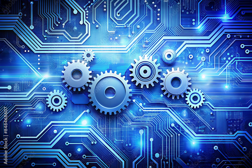 Obraz premium Innovation in Computer Data, Blue Banner Featuring Circuitry and Machine Cogs