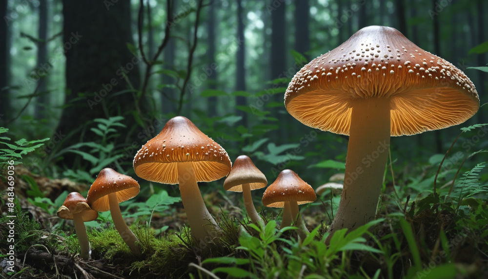 Fototapeta premium Enchanted Forest AI: The Fungal Singularity of a Colourful Mushroom World