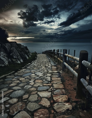 Cobblestone path leading to the sea, flanked by wooden railings overlooking an ocean view at sunset. dark moody lighting, National Geographic photography.