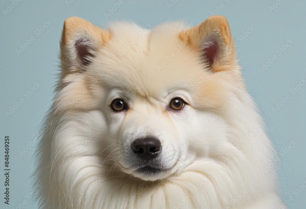 Fototapeta premium Portrait of a small Samoyed puppy with fluffy fur sitting on a yellow wicker chair in a closeup dog show setting