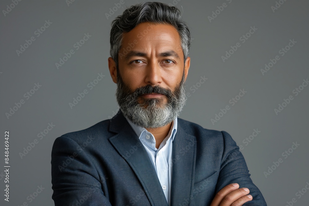 A man with a beard and a suit is standing in front of a gray background. He is wearing a blue jacket and a white shirt A man with a beard and a suit is standing in front of a gray background. He is wearing a blue jacket and a white shirt