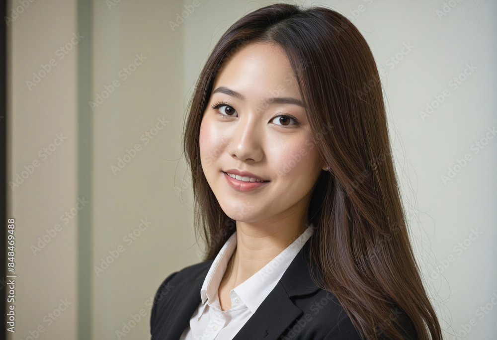 Portrait of a young Japanese professional in her 30s walking through the city in an elegant black suit with a radiant smile Portrait of a young Japanese professional in her 30s walking through the city in an elegant black suit with a radiant smile