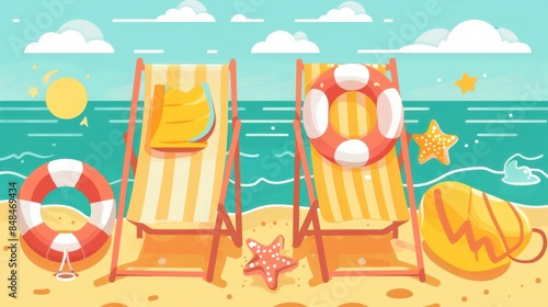 beach chairs and life preserver on the beach