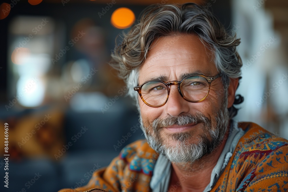 A man with glasses is smiling and wearing a colorful sweater. He looks happy and content. Concept of warmth and comfort, as the man is sitting on a couch and enjoying his time A man with glasses is smiling and wearing a colorful sweater. He looks happy and content. Concept of warmth and comfort, as the man is sitting on a couch and enjoying his time