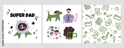 Super dad. Father's Day set of postcards in flat lay styling. postcards for love dad. Father's Day poster template: dog, winner's medal, beer. vector illustration