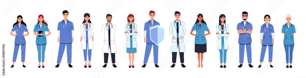 Set and collection with medical staff. Doctors and nurses. Ambulance. Help. Treatment. Characters and people. Hospital. Emergency call. Flat trendy style. Vector illustration. Treatment. Doctor's day Set and collection with medical staff. Doctors and nurses. Ambulance. Help. Treatment. Characters and people. Hospital. Emergency call. Flat trendy style. Vector illustration. Treatment. Doctor's day