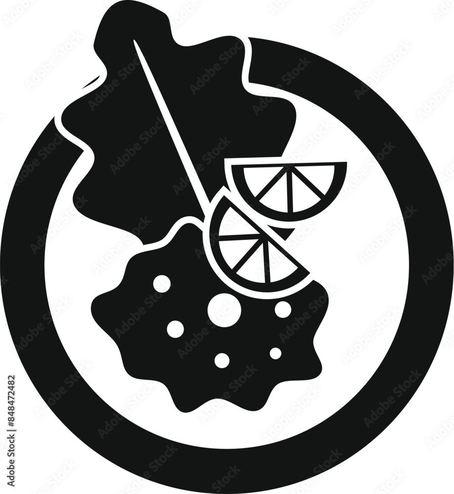 Simple black and white icon of a meal with lemon garnish on a plate, perfect for representing healthy eating Simple black and white icon of a meal with lemon garnish on a plate, perfect for representing healthy eating