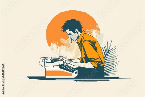 a man is typing on an old typewriter photo