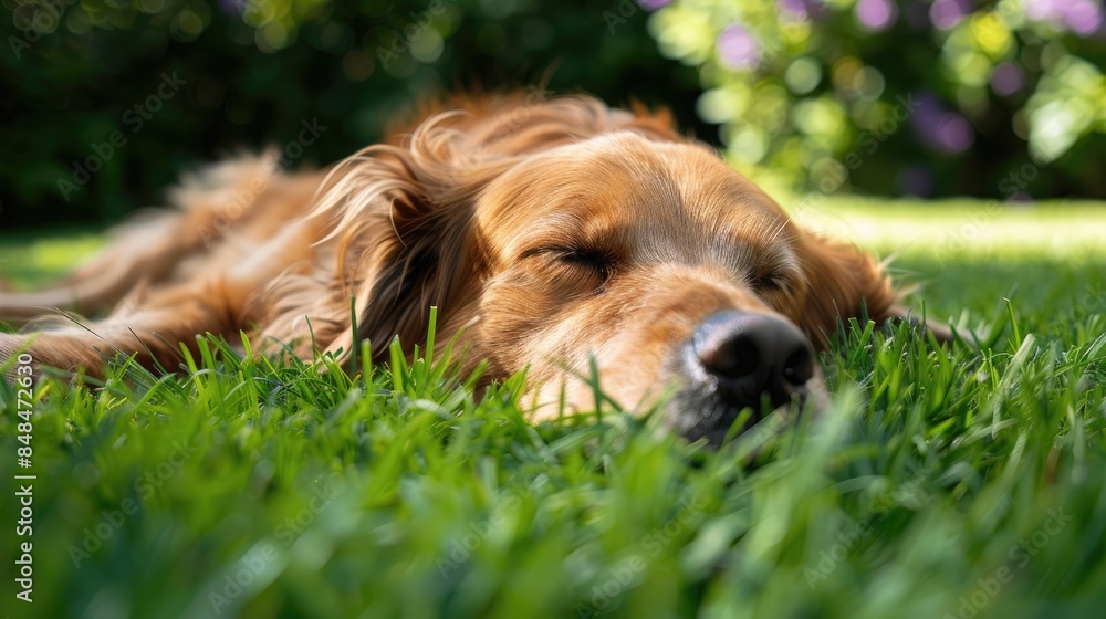 Contented dog relaxing on the lawn